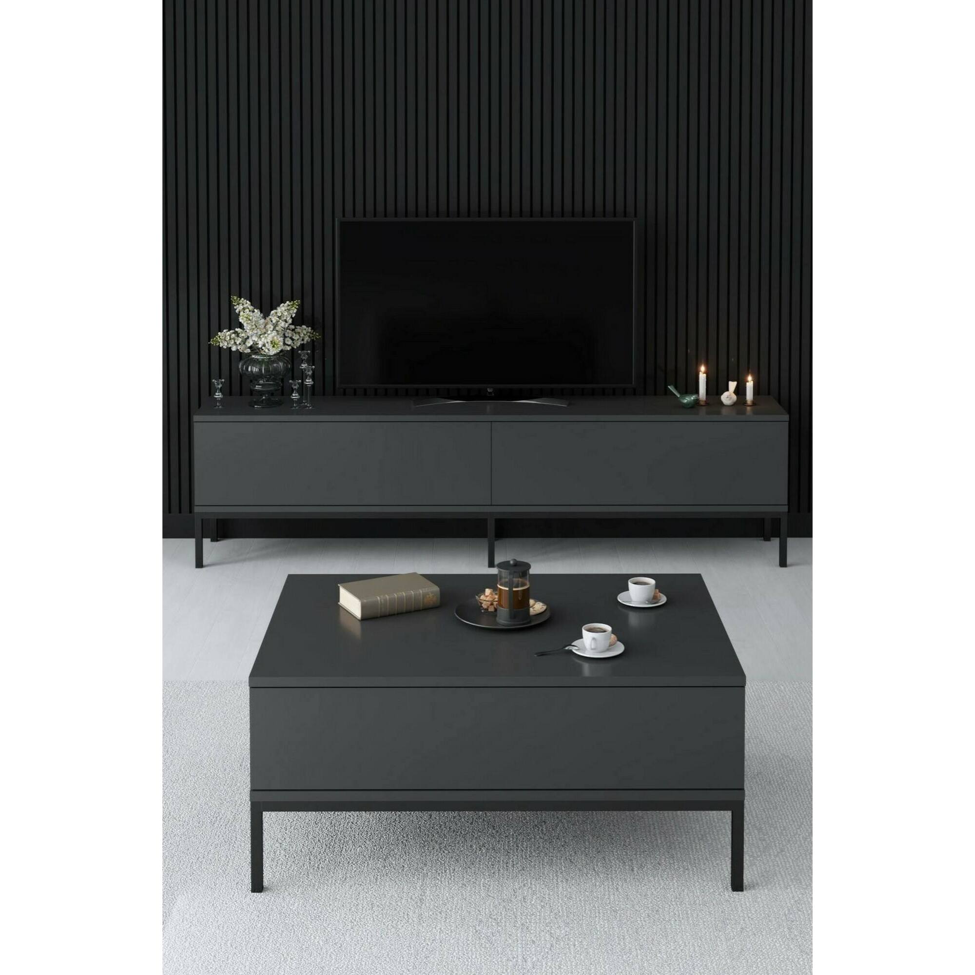 Mobile porta TV Dpetrell, Credenza da soggiorno, Armadio basso per TV, Base parete attrezzata, 180x30h47 cm, Antracite e Nero