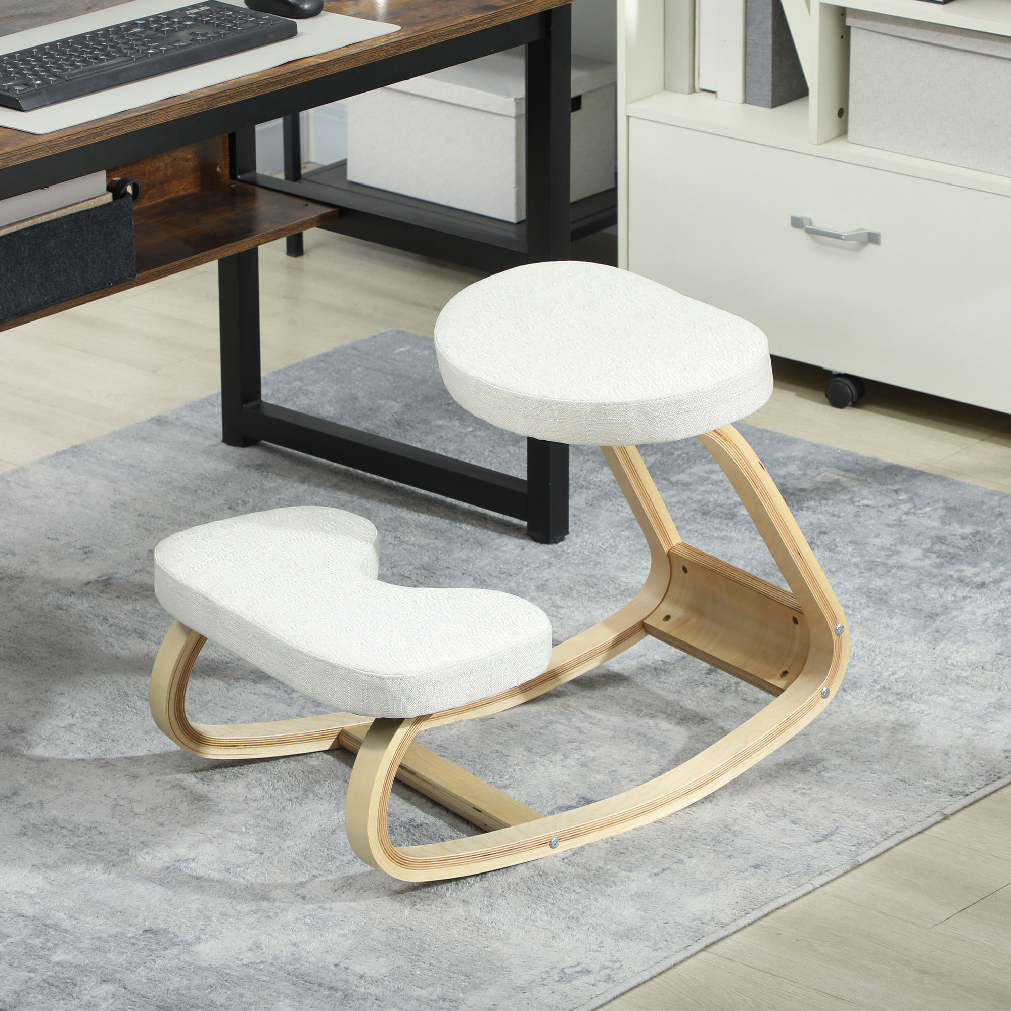 Siège ergonomique - siège assis-genoux - chaise assis genoux grand confort - bois bouleau tissu beige clair