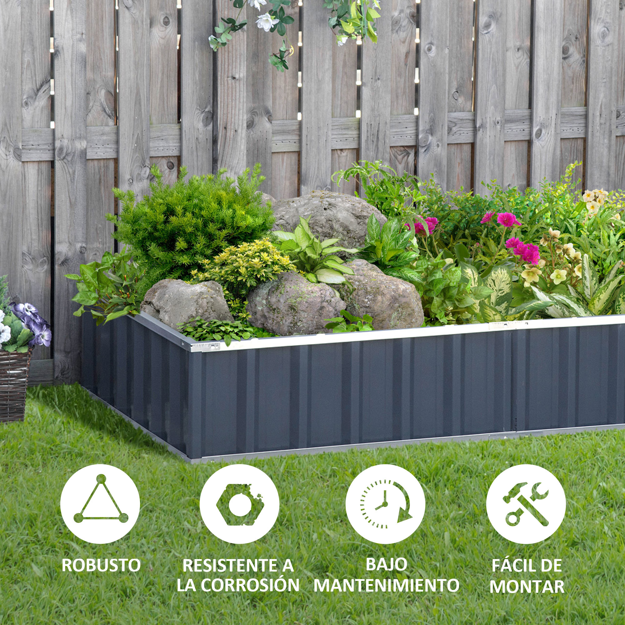 Arriate de Jardín de Acero 174x90x30 cm Incluye Guantes Huerto Urbano Jardinera Macetero Rectangular para Cultivos Plantas Flores para Terraza Balcón Exterior Gris