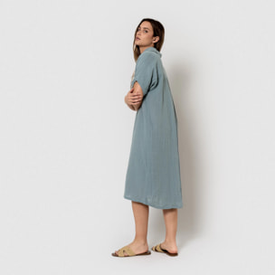 Vestido midi manga fluida muselina índigo