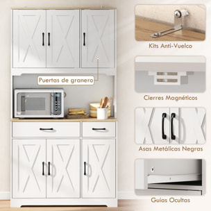 Alacena de Cocina Alta, Mueble Auxiliar de Cocina, con 6 Puertas, Encimera Abierta para Microondas, 2 Cajones, Estantes Ajustables, Orificio para Cable, 94x39,5x175,2 cm, Blanco