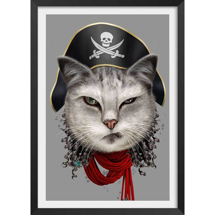 Affiche enfant chat pirate  Affiche + cadre en bois - Noir