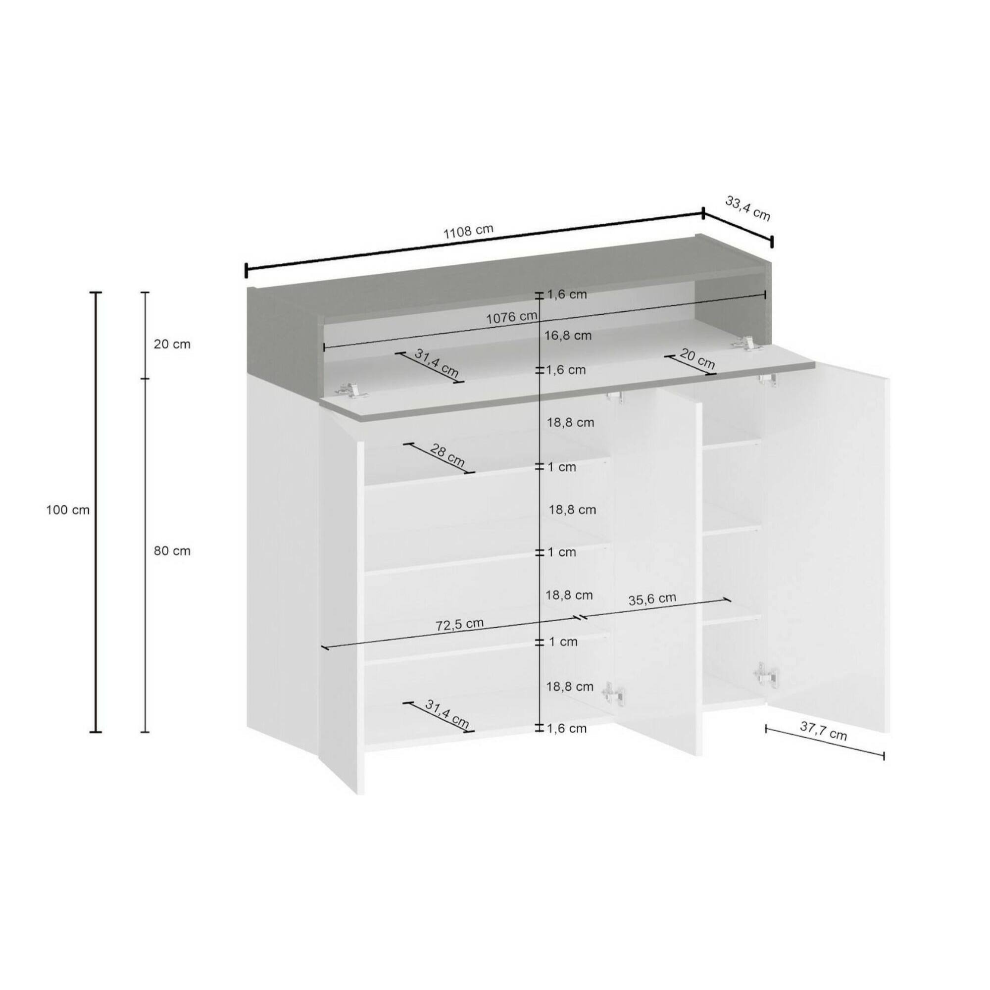 Scarpiera Griselda, Porta scarpe salvaspazio a 4 ante, Armadio multifunzione da ingresso, 114x38h100 cm, Bianco effetto larice