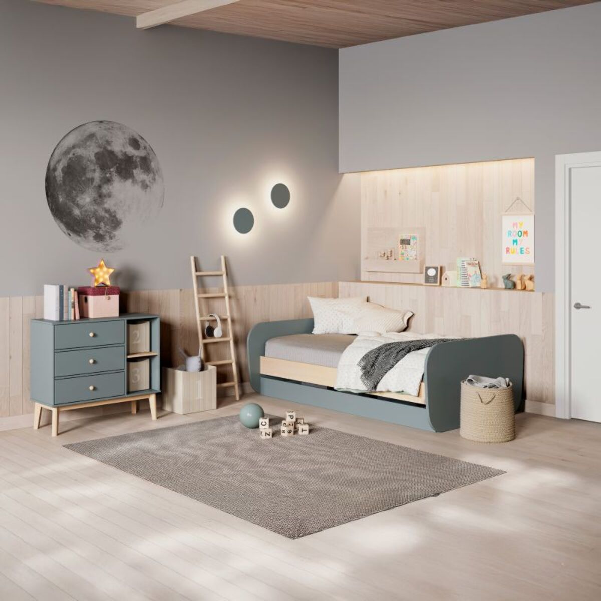 Cama doble juvenil Misty Breeze Verde Salvia - Oak Soft