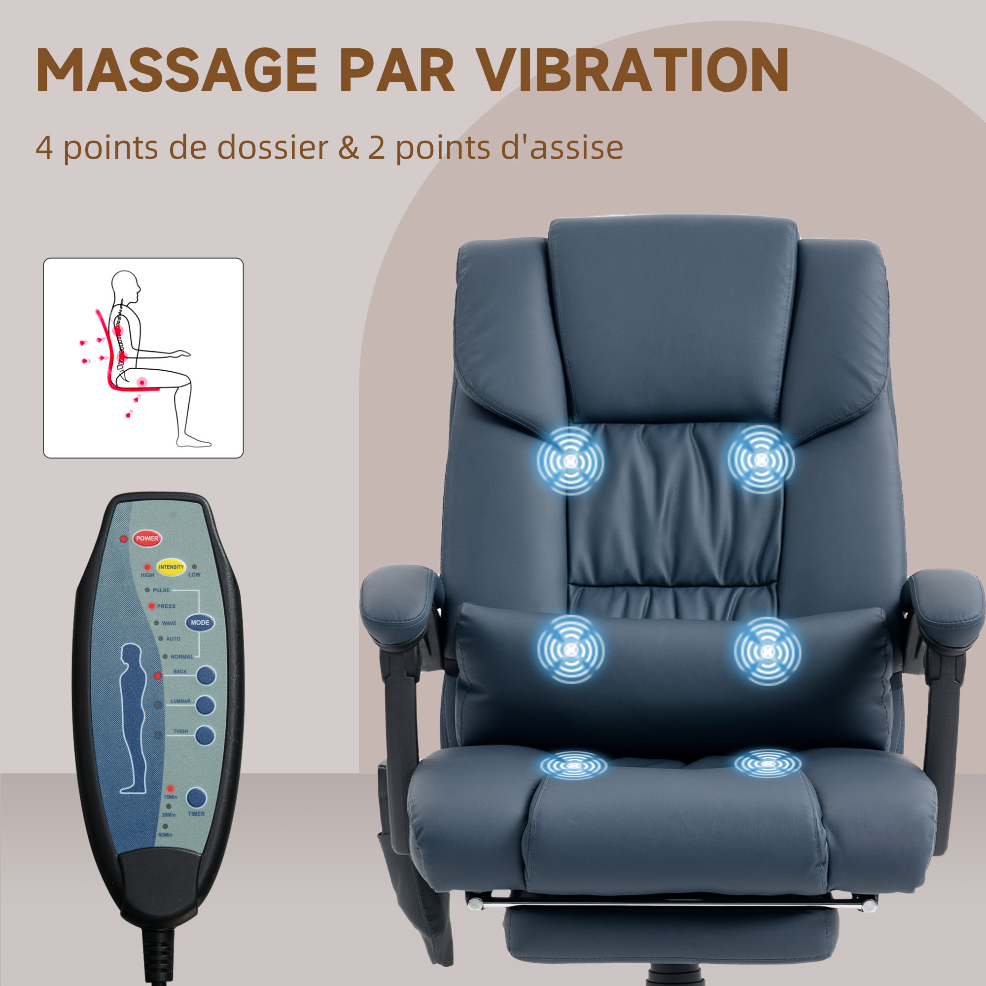 Fauteuil de bureau direction massant inclinable réglable - repose-pieds rétractable intégré - acier noir PU bleu