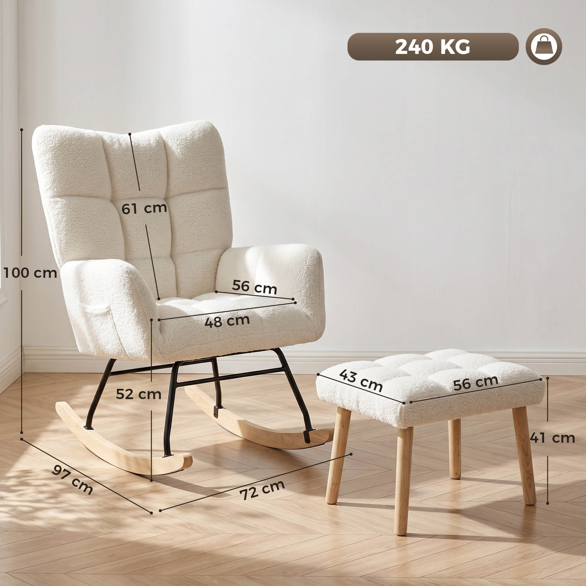 Fauteuil à bascule avec repose-pieds style nordique bouclette crème