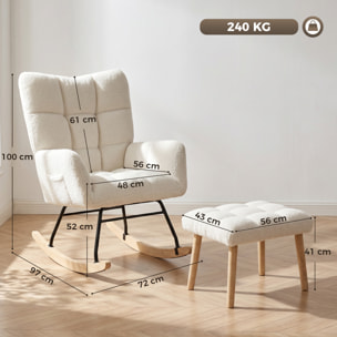 Fauteuil à bascule avec repose-pieds style nordique bouclette crème
