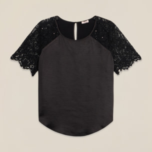 Oltre - Blusa de raso con partes de encaje - Negro