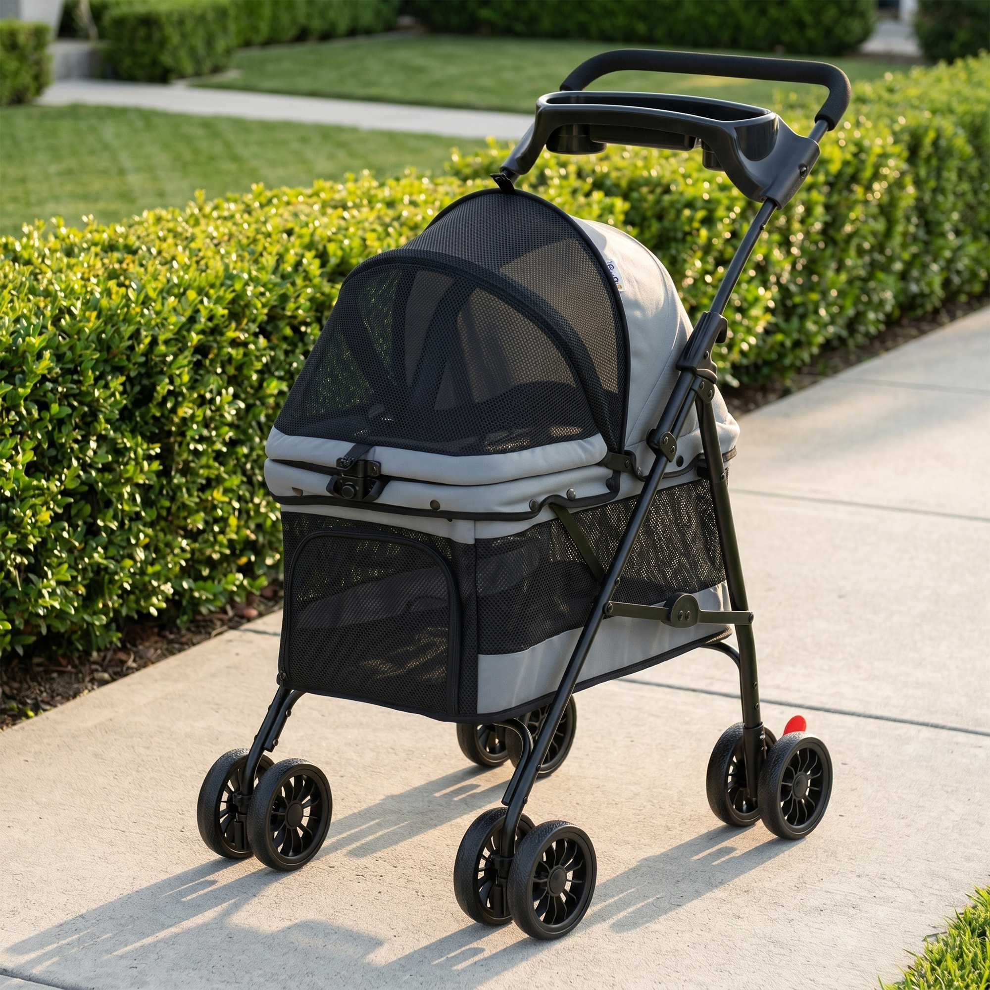 Cochecito para Perros Plegable, hasta 10 kg, Carrito para Perros Pequeños y Gatos de 4 Ruedas de EVA, Giratorio y Freno, Ventanas de Malla, Cojín Extraíble, Bandeja y Portavasos, Ligero, Gris