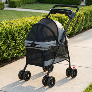 Cochecito para Perros Plegable, hasta 10 kg, Carrito para Perros Pequeños y Gatos de 4 Ruedas de EVA, Giratorio y Freno, Ventanas de Malla, Cojín Extraíble, Bandeja y Portavasos, Ligero, Gris