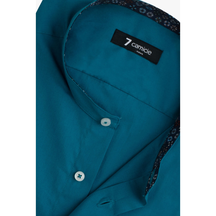 Camicia Uomo Coreano Slim Popeline Stretch Unito Verde Ottanio