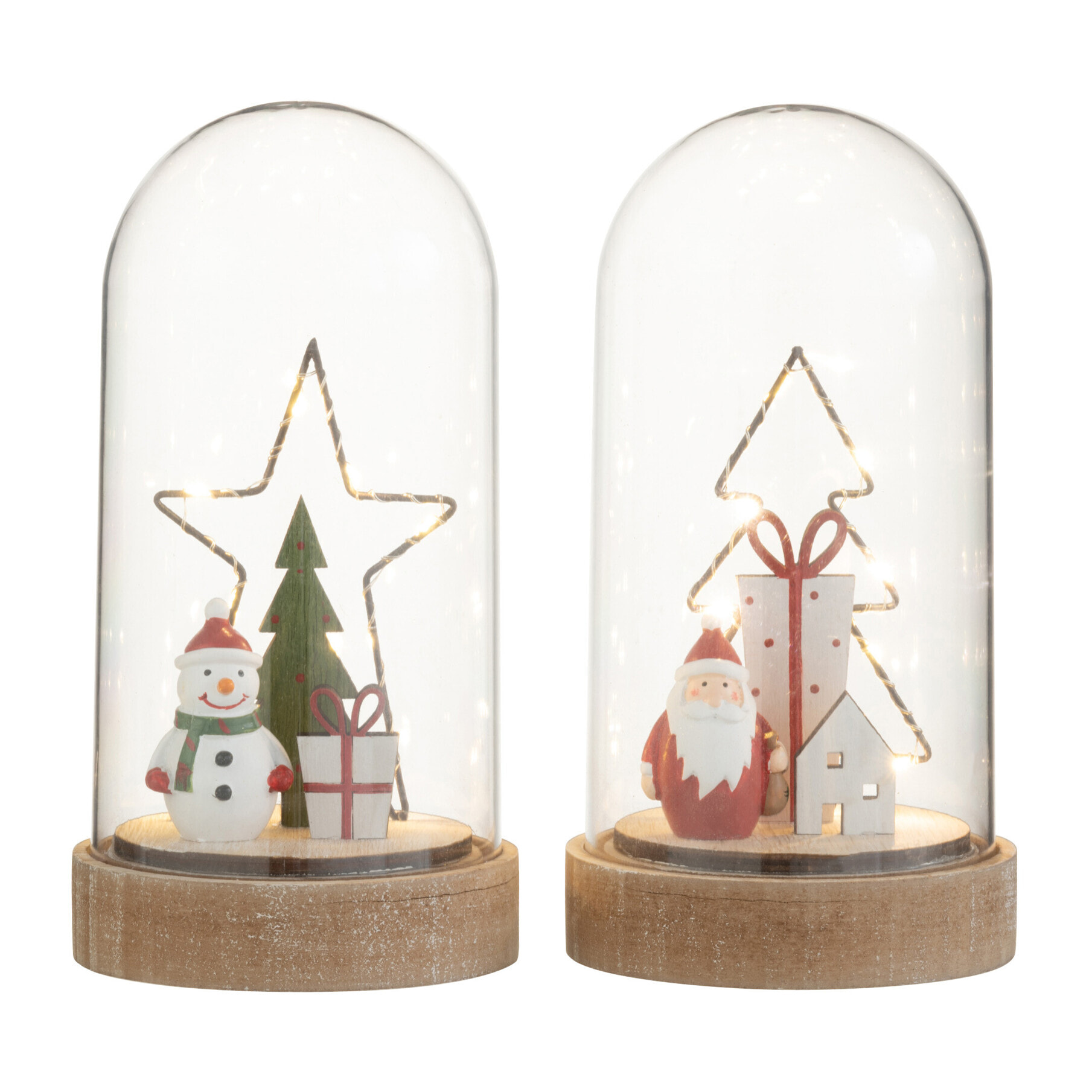 J-Line décoration cloche Sapin/Etoile - bois/verre - mix - LED - 2 pcs