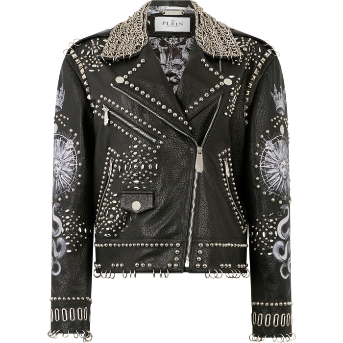PHILIPP PLEIN Oversized Biker Jacket Studs Butterfly Tattoo