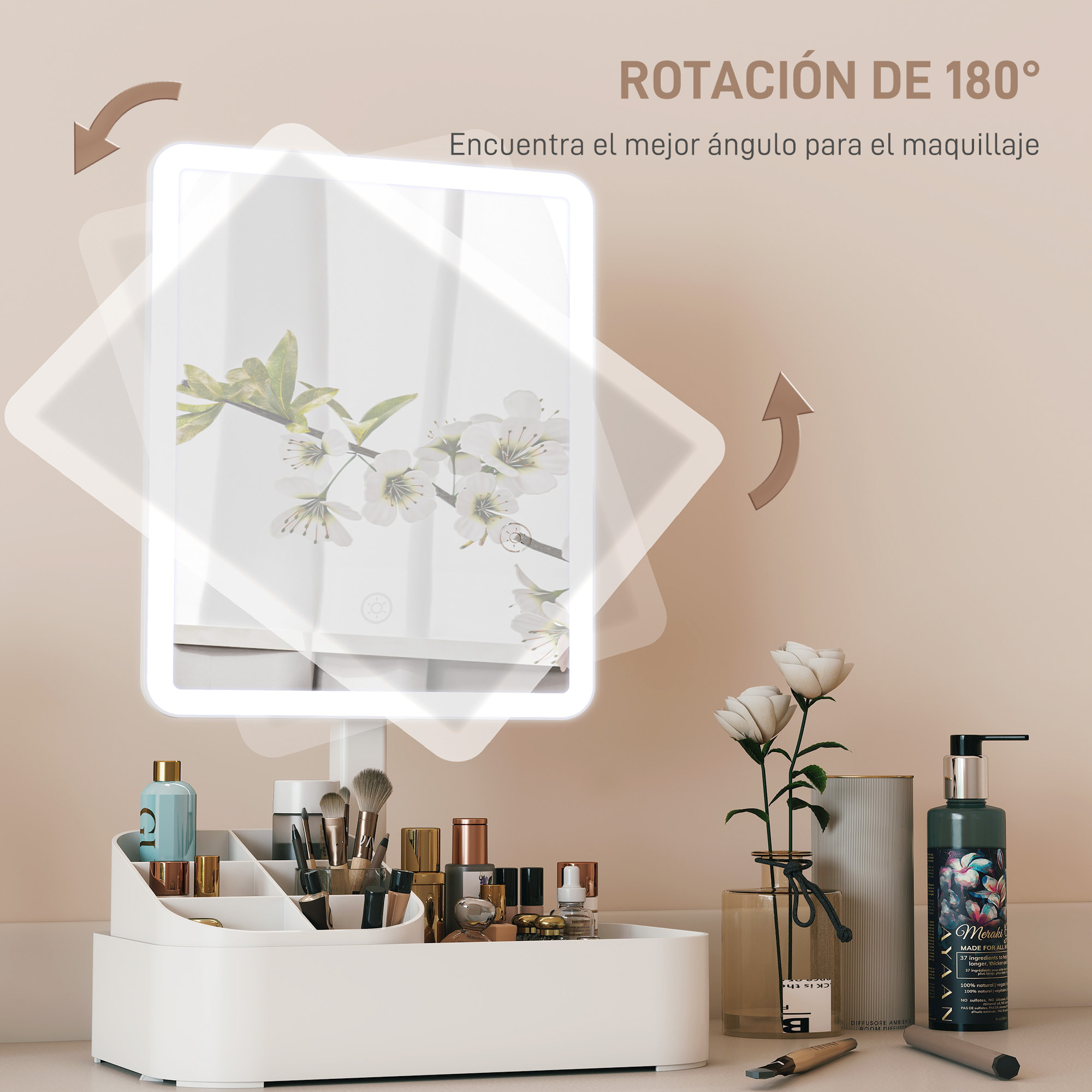 Espejo Maquillaje con Luz LED, Espejo Tocador Recargable con 2 Modos de Iluminación, Rotación de 180°, Brillo Ajustable, Compartimentos, Interruptor Táctil, para Cuidado de Piel, Blanco