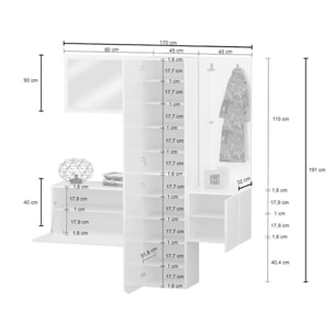 Mobile da ingresso Dcrescenz, Armadietto multifunzione a 3 ante, Appendiabiti da parete con specchio, 170x35h190 cm, Bianco