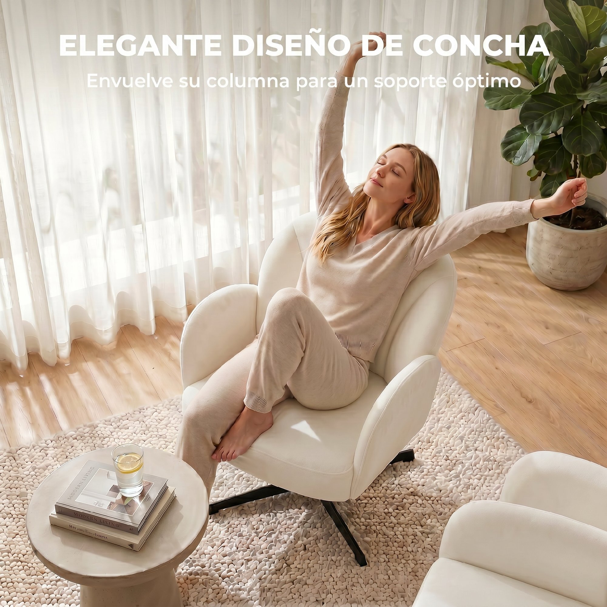 Sillón de Salón Giratorio, Butaca de Salón Tapizada en Terciopelo con Respaldo en Forma de Concha, Cojín con Resortes, Base Cruzada, Sillón de Relax para Dormitorio, Oficina, Estudio, Crema