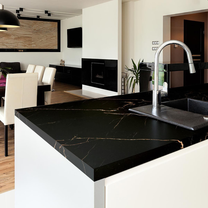 Rouleau revêtement adhésif vinyle au mètre - Sticker lavable Cuisine Meuble Armoire Porte - MARBRE NOIR ET CUIVRE