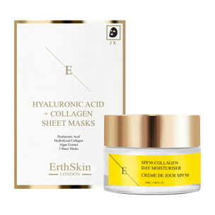 Crema de día con colágeno FPS 50 + mascarilla de ácido hialurónico y colágeno (3 láminas)