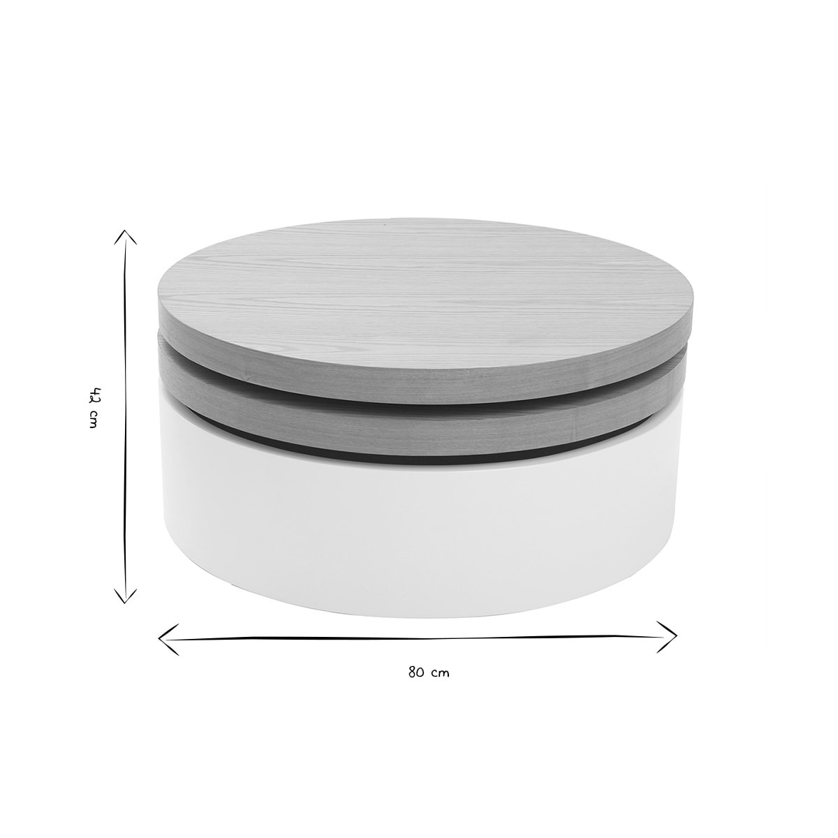 Table basse ronde avec plateaux pivotants et rangement blanc et bois clair chêne D80 cm ICON