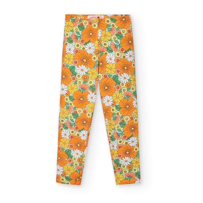Leggings elásticos niña estampados, flores, naranja