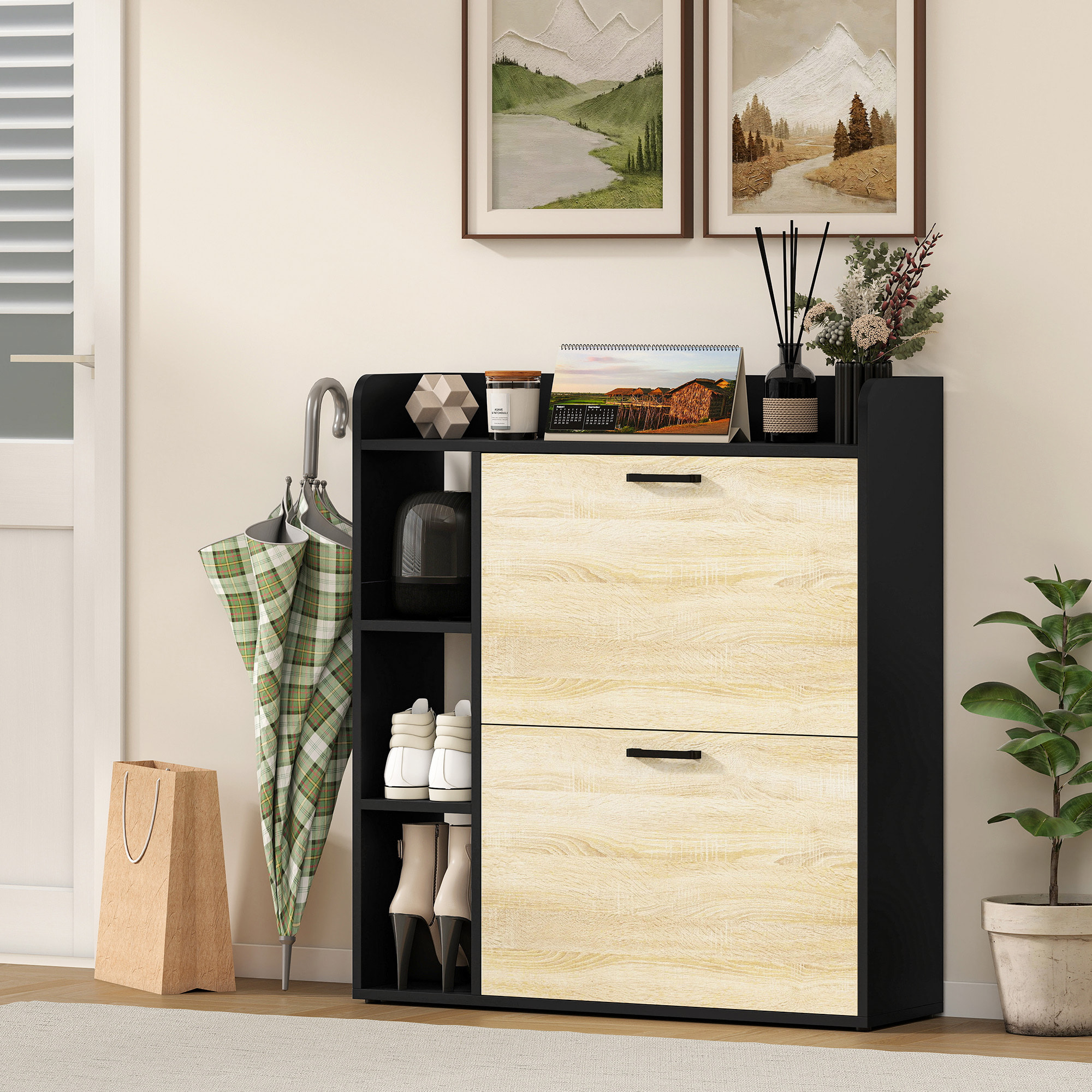 Zapatero Estrecho 2 Puertas, Zapatero Entrada Recibidor con 3 Estantes Laterales y Estantes Ajustables, para 15 Pares de Zapatos, para Pasillo, Espacio Reducido, 83x24x90,5 cm, Natural y Negro