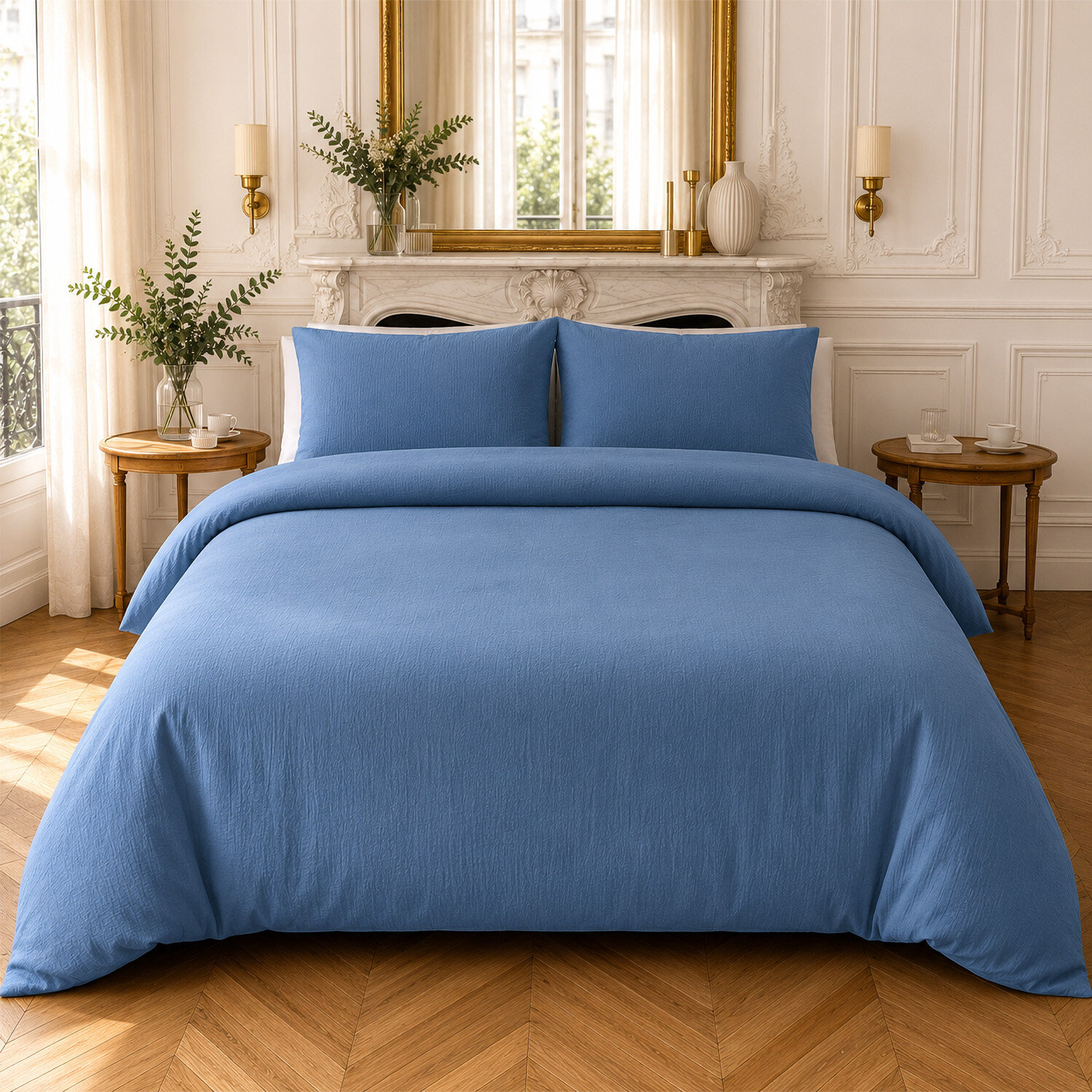 Parure housse de couette 100% gaze de coton unie bleu mer, RELAX