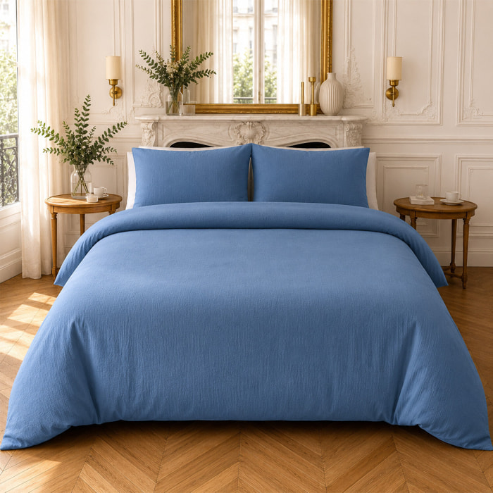 Parure housse de couette 100% gaze de coton unie bleu mer, RELAX