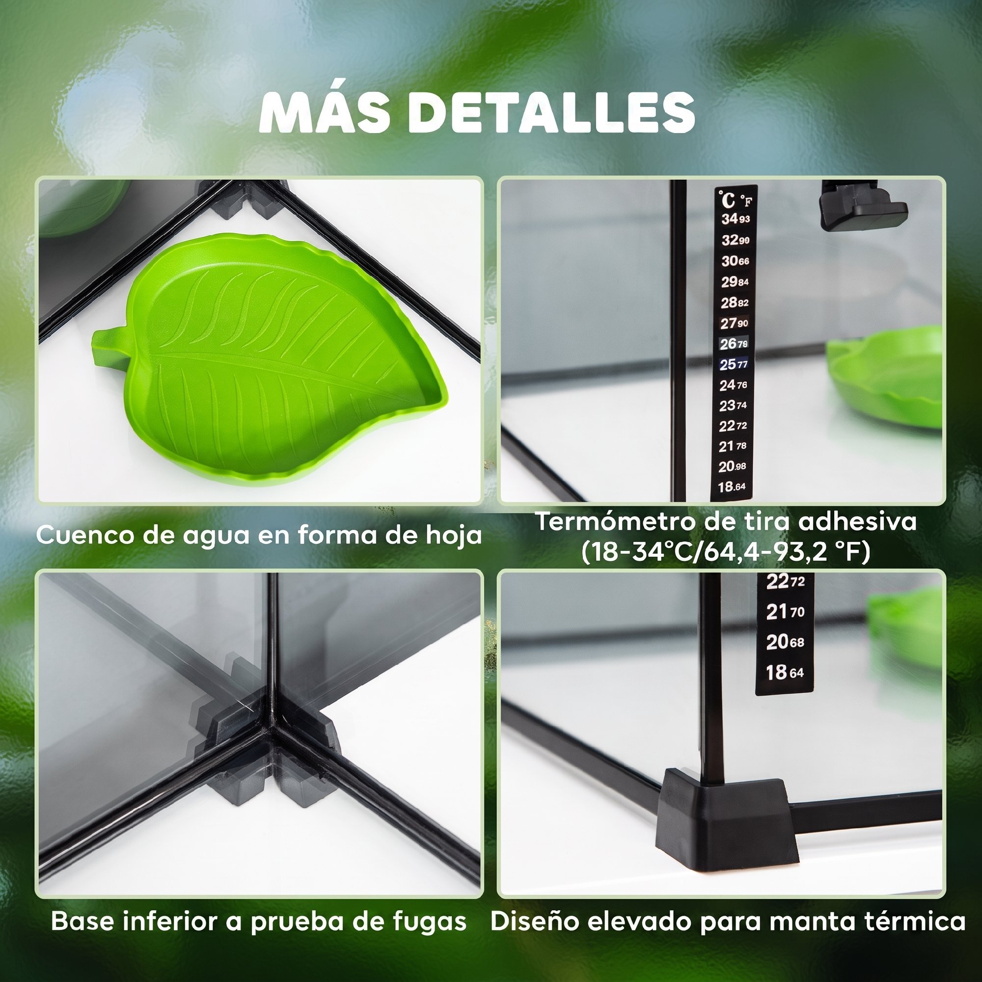 PawHut Terrario para Reptiles de Vidrio Templado con Termómetro, Cuenco de Agua, Vista Completa, Ventilación, Terrario para Lagartos, Ranas Cornudas, Serpientes, Arañas, 50x30x25 cm, Negro