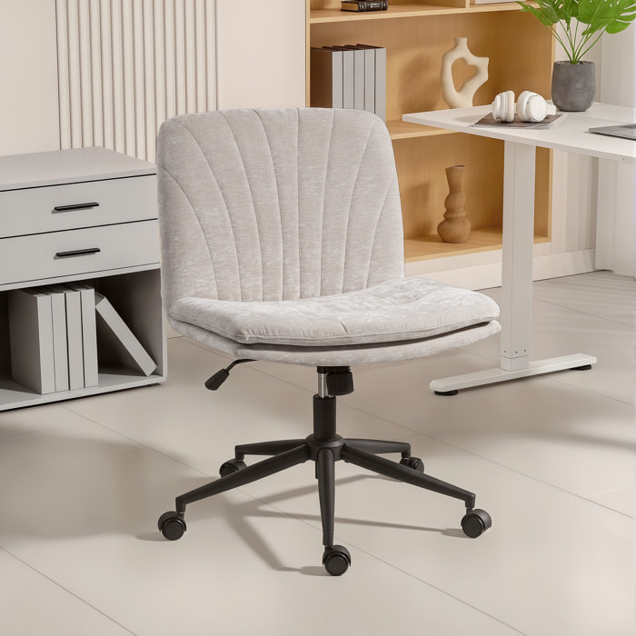 Silla de Oficina Piernas Cruzadas, Silla de Escritorio con Asiento Ancho, sin Reposabrazos, Ruedas, Altura Ajustable, Giratoria, Función Basculante, Tapizada en Chenilla, 62x67x83-93 cm, Beige