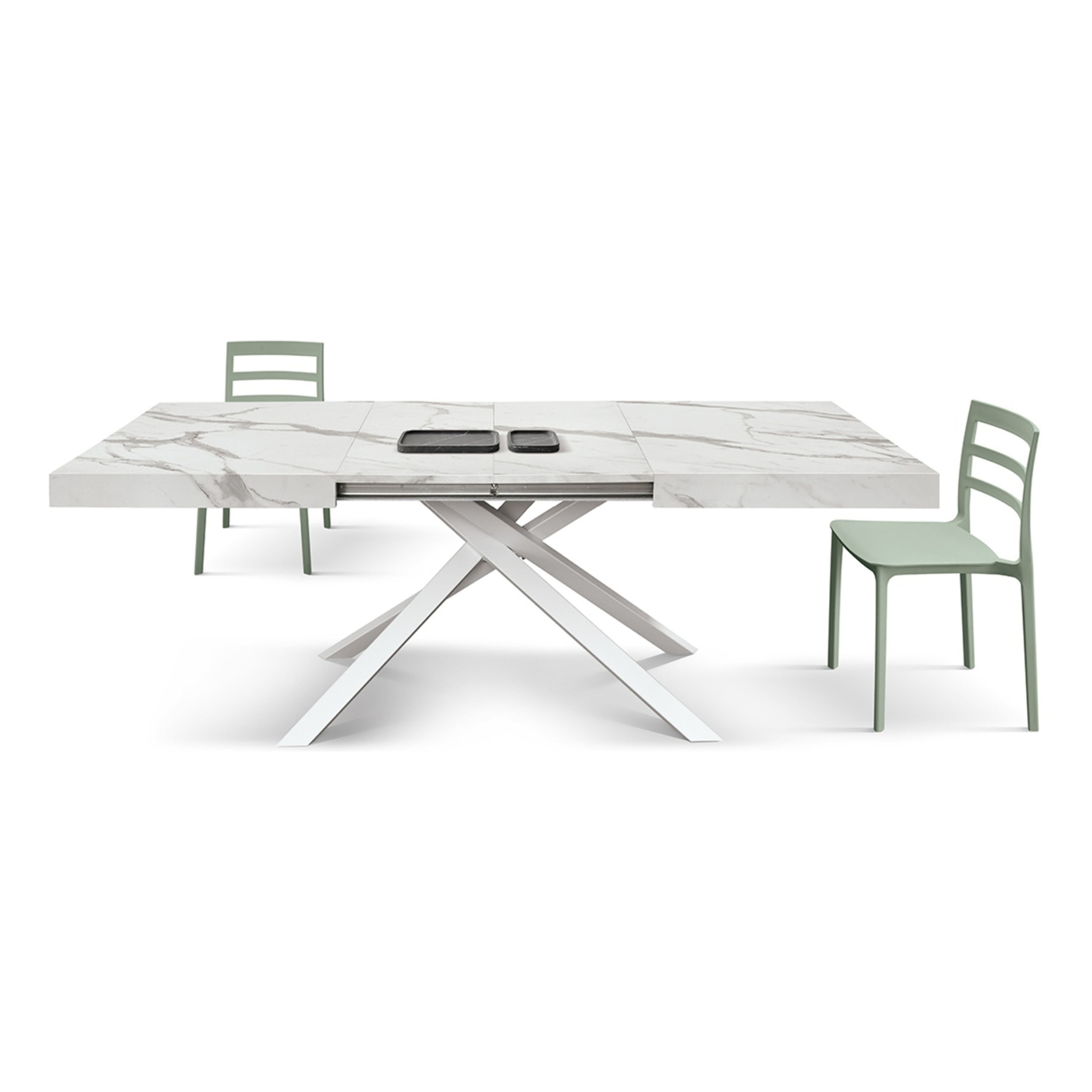 Tavolo FORTE DEI MARMI in legno, finitura bianco statuario e base in metallo bianco, allungabile 140x90 cm - 220x90 cm