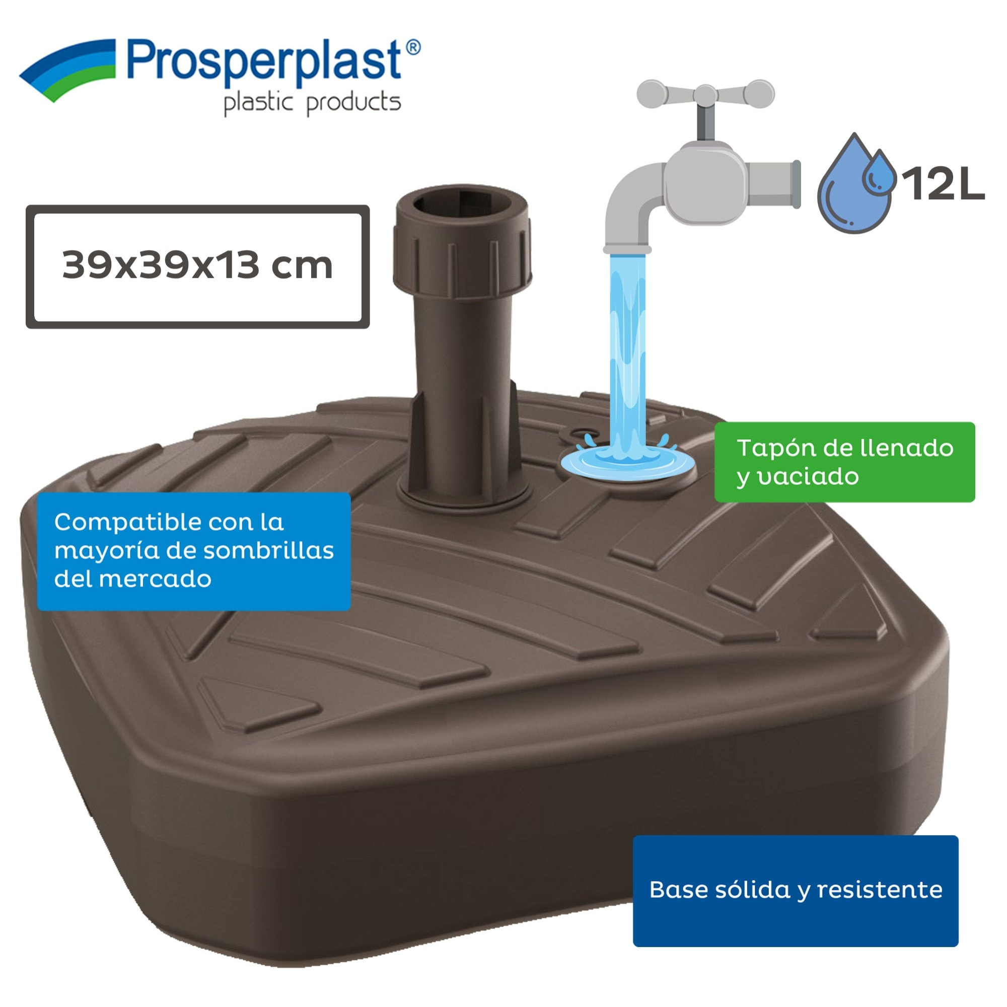 Base de sombrilla de polietileno cuadrada con diseño a rayas 39 x 39 x 13 cm en color chocolate