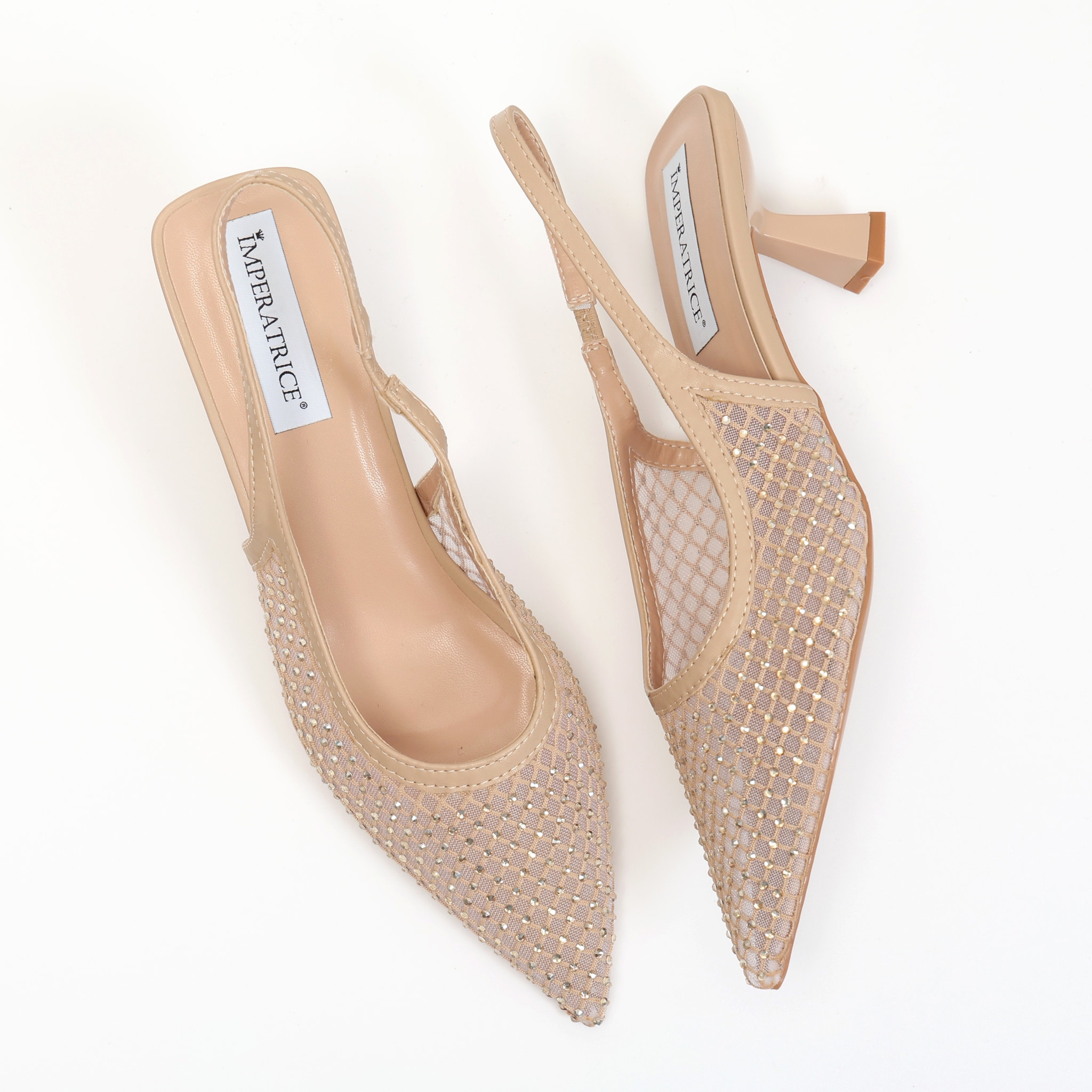 Dècolletè slingback con tacco a rocchetto in tessuto traforato con strass