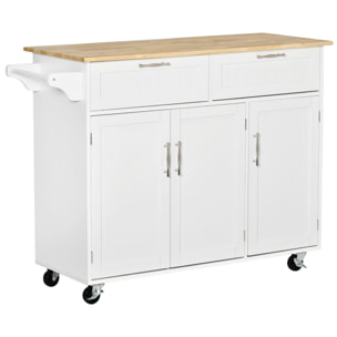 Isla de Cocina con Ruedas Carro de Cocina Mueble Auxiliar de Cocina con 2 Cajones 3 Puertas y Barra Lateral para Comedor 121x46x91 cm Roble y Blanco