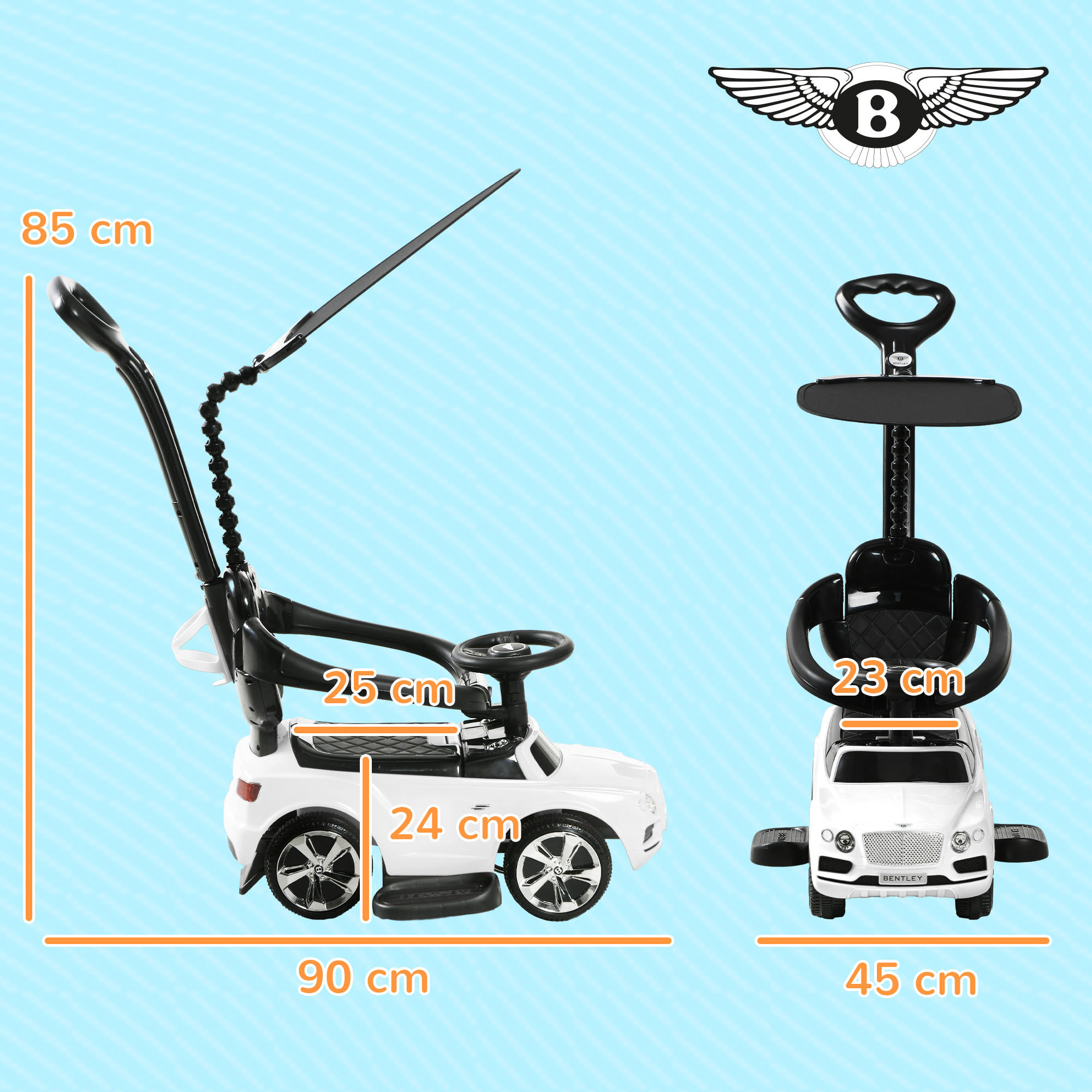 Coche Correpasillos 3 en 1 Correpasillos con Licencia Bentley Bentayga Correpasillos para Bebés de 12-36 Meses con Asa de Empuje y Toldo Desmontables Música Bocina Blanco