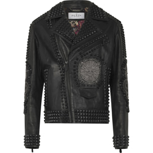 PHILIPP PLEIN Vintage Leather Biker Jacket Tattoo Patches & Studs