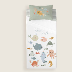 Cool Kids - Juego de Sábanas Estampadas - Infantil - Incluye 1 Funda de Almohada + 1 Sábana Bajera - 100% Algodón - Cuna/Maxicuna - Ocean Life