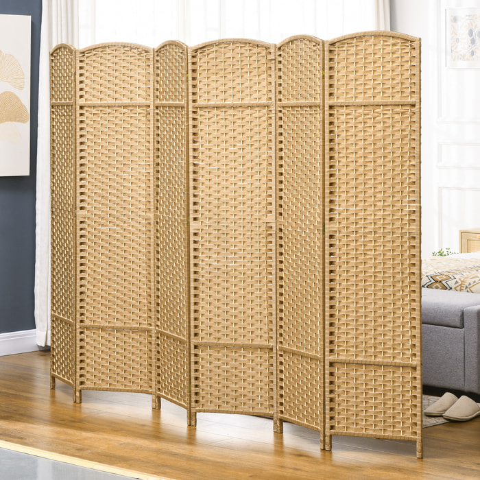 Paravent intérieur pliable 6 panneaux 240 x 170 cm - séparateur de pièce finition tressée - PP  bois pin naturel