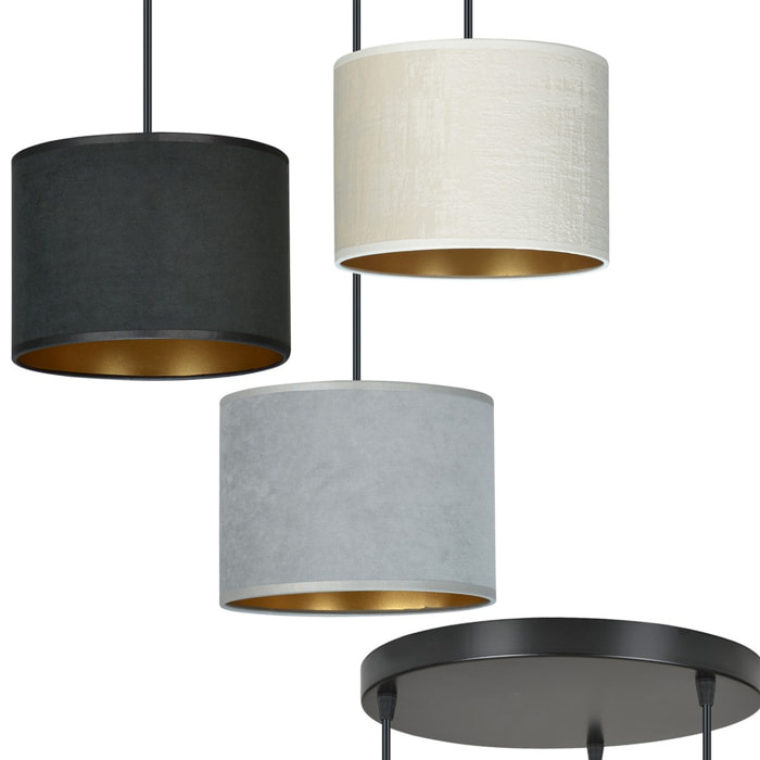 Lampada a sospensione Hilde a tre luci in tessuto effetto velluto