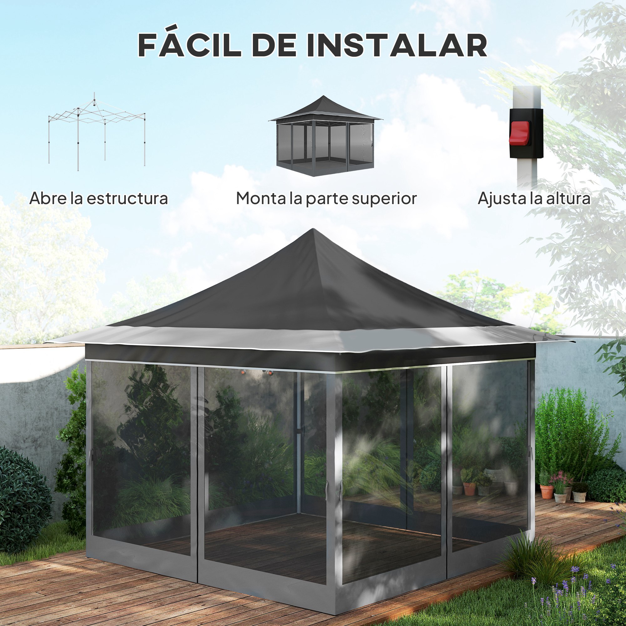 Carpa Plegable 3,5x3,5x3 m Cenador de Jardín con Altura Ajustable 4 Mosquiteras Protección UV50+ Impermeable y Bolsa de Transporte Gazebo para Exterior Fiestas Camping Gris Oscuro