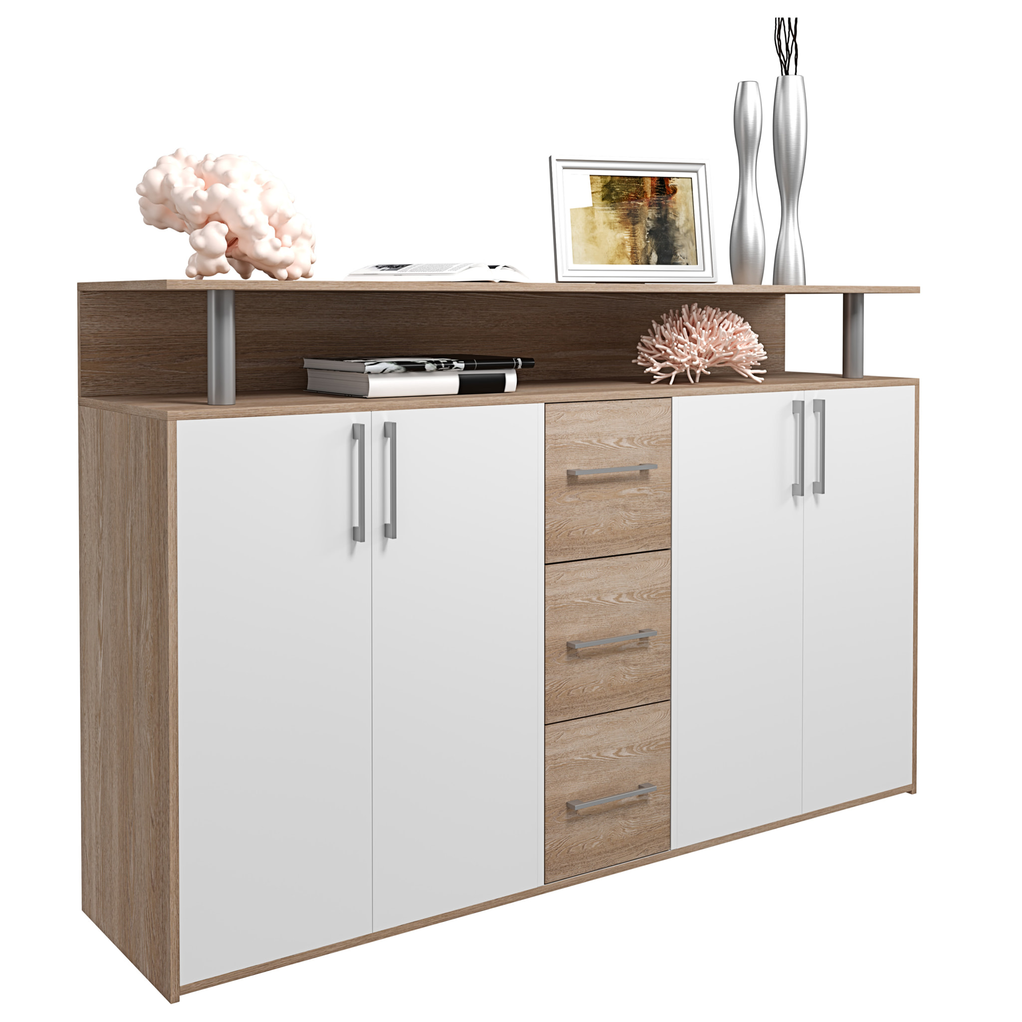 Credenza Comò Con 3 Cassetti 4 Ante Battenti 1 Ripiano Aperto A Giorno Mobile Mobiletto Soggiorno Ingresso Salotto 139 x 90 x 34 Cm Bianco Rovere