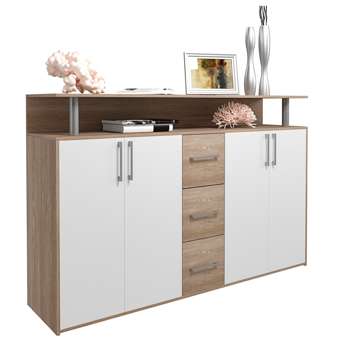 Credenza Comò Con 3 Cassetti 4 Ante Battenti 1 Ripiano Aperto A Giorno Mobile Mobiletto Soggiorno Ingresso Salotto 139 x 90 x 34 Cm Bianco Rovere