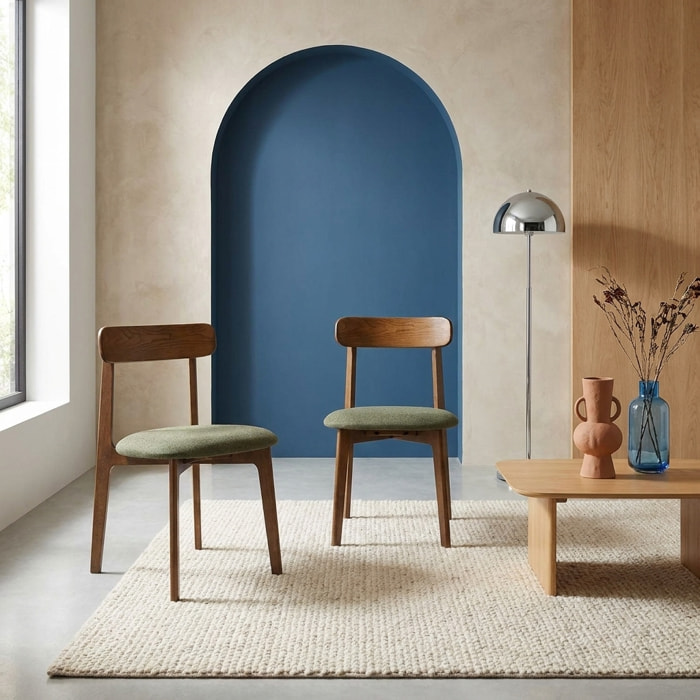 Chaise vintage bois d'hévéa teinte noyer et tissu texturé (lot de 2) VICTOIRE