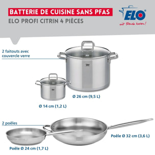 Ensemble de 2 Poêles de cuisson 24 et 32 cm et 2 faitouts 14 et 26 cm Elo Profi Citrin