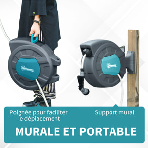 Dévidoir mural enrouleur automatique pivotant 180° tuyau 15 + 1,4 m avec lance arrosage support mural intégré turquoise gris