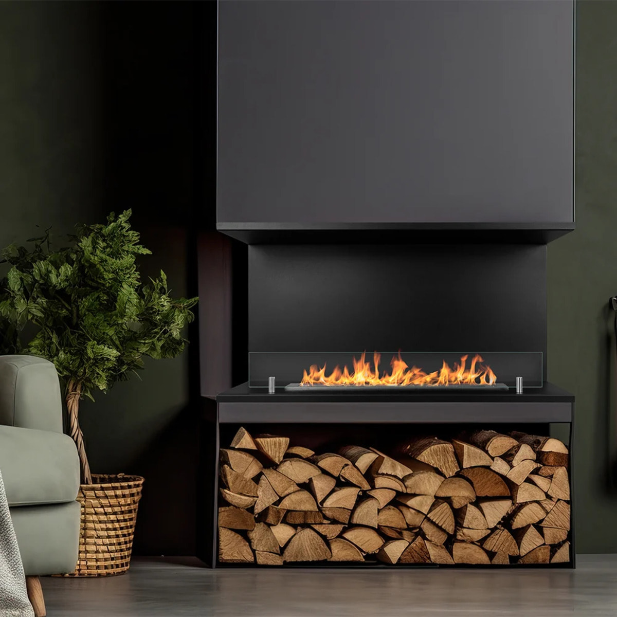 Trevi 90 - Camino a Bioetanolo da Incasso Trifacciale 90x45x24,5 cm con Bruciatore 1,5lt in Acciaio