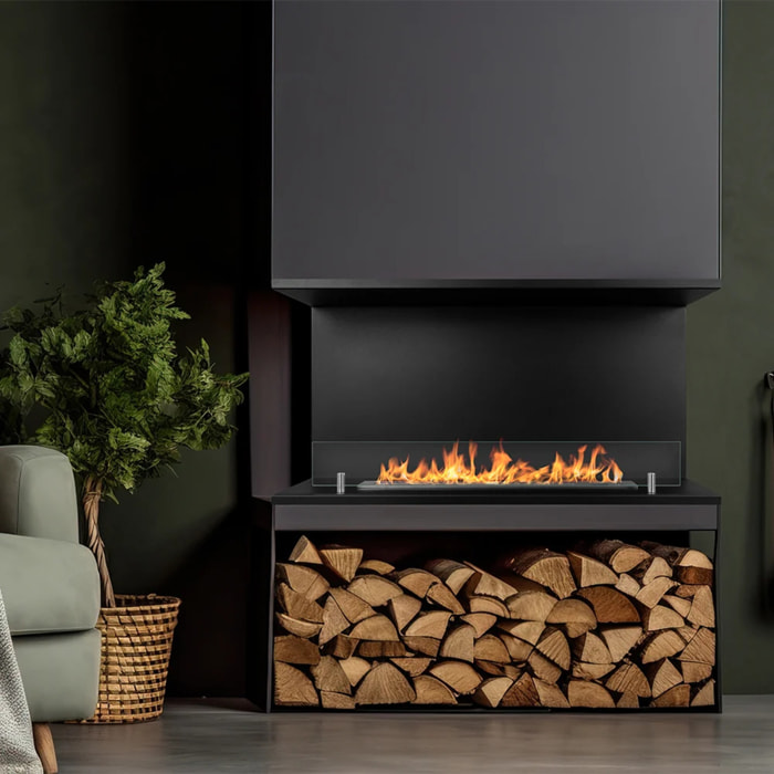 Trevi 90 - Camino a Bioetanolo da Incasso Trifacciale 90x45x24,5 cm con Bruciatore 1,5lt in Acciaio