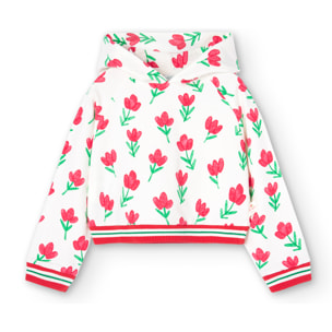 Sudadera niña, felpa, estampado flores, blanco, capucha