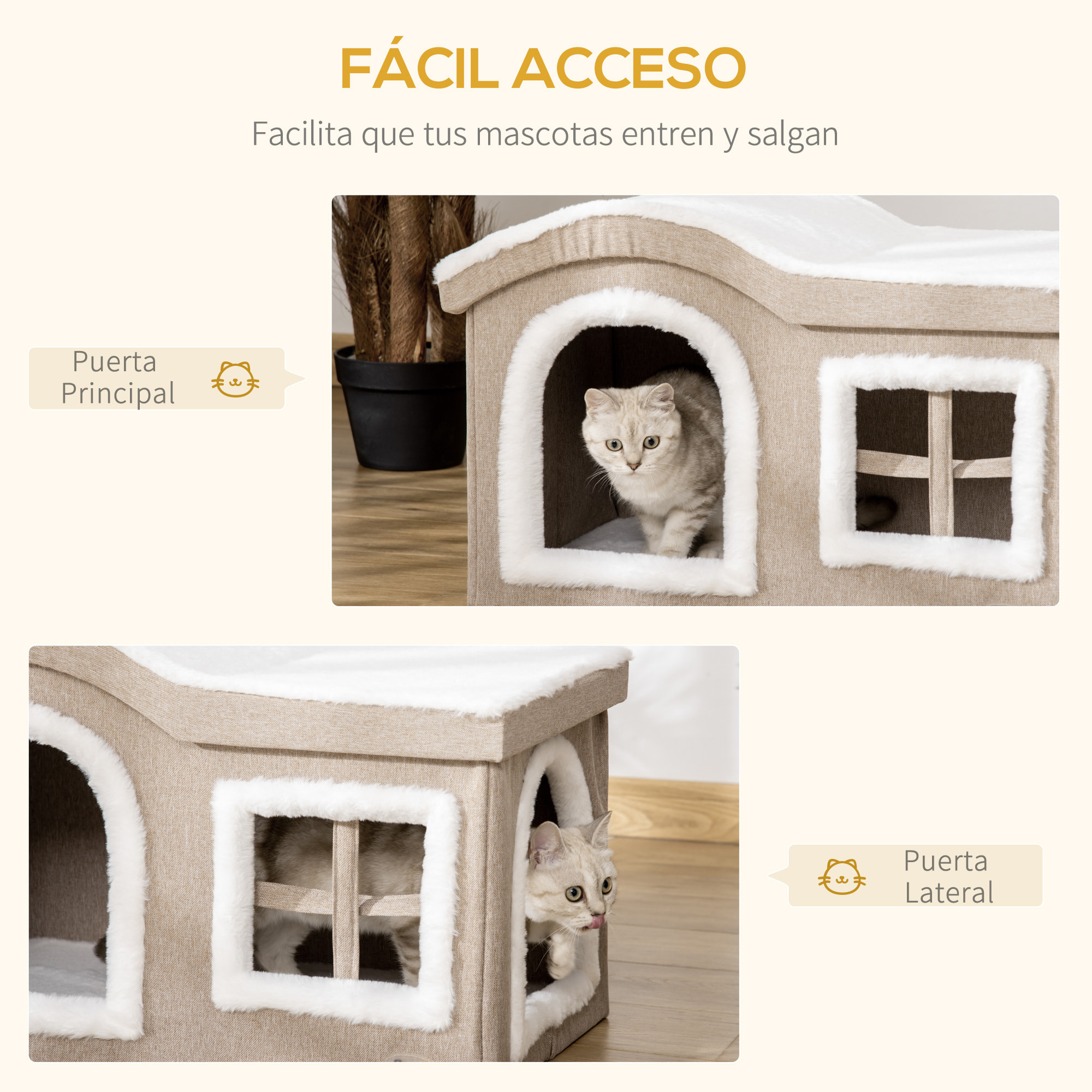 Casa Plegable para Gatos Interior Cueva para Gatos Grande con Tapa Extraíble Cojines 2 Entradas y Ventana Taburete para Gatos 63,5x37x40 cm Beige