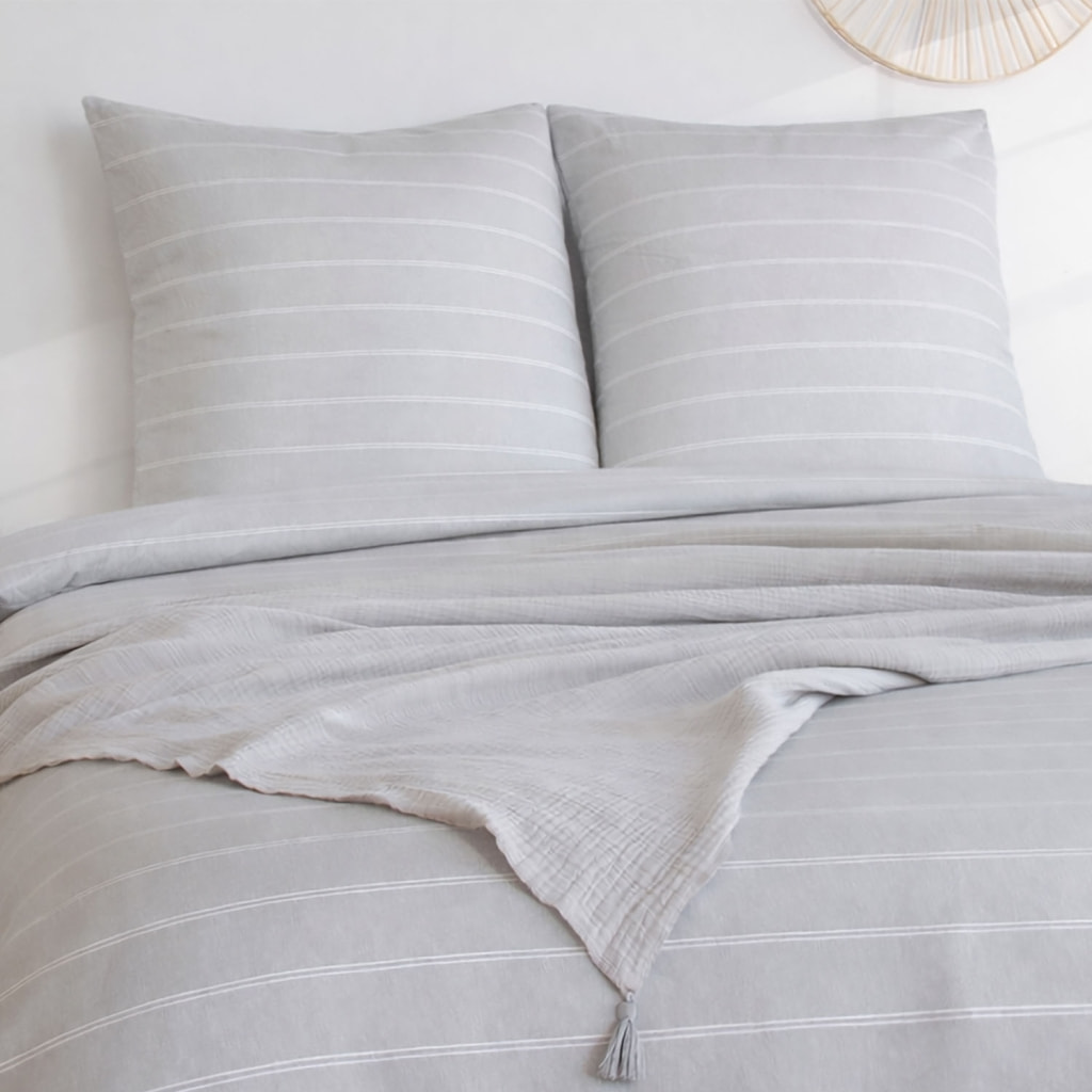 Parure de lit microfibre lavée 2 places rayures gris TIM