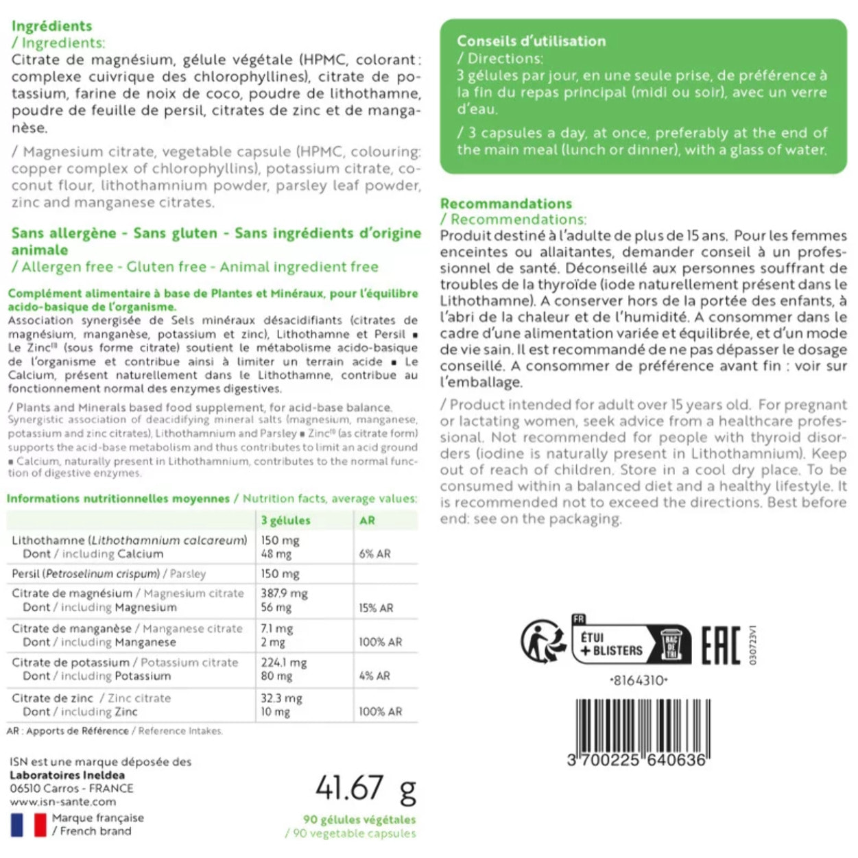 Ineldea Santé Naturelle - Acido-Base - Complément alimentaire naturel - Aide à maintenir l'équilibre acido-basique - Cure de 30 j - 90 gélules végétales